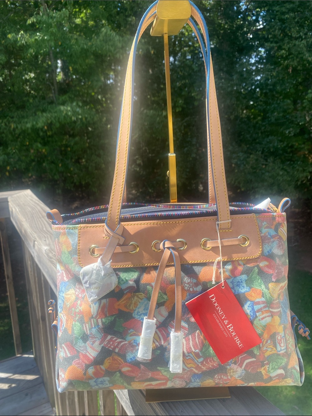 Dooney & Bourke Multicolor Candy-Print Shoulder Bag with Tan Trim